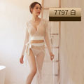 刺繡網紗-開衩綁帶透視睡裙(白) FX7797