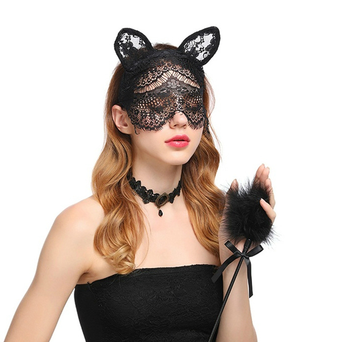 Cat Ears 貓耳朵蕾絲頭箍連面紗 MM28 (黑)