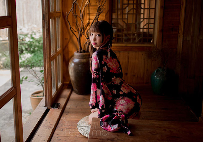 櫻花之戀-羽織印花和服(黑) FX7063