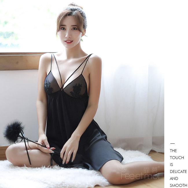 魅力仿絲-性感吊帶睡裙(黑) FX7777