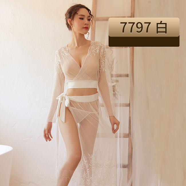 刺繡網紗-開衩綁帶透視睡裙(白) FX7797