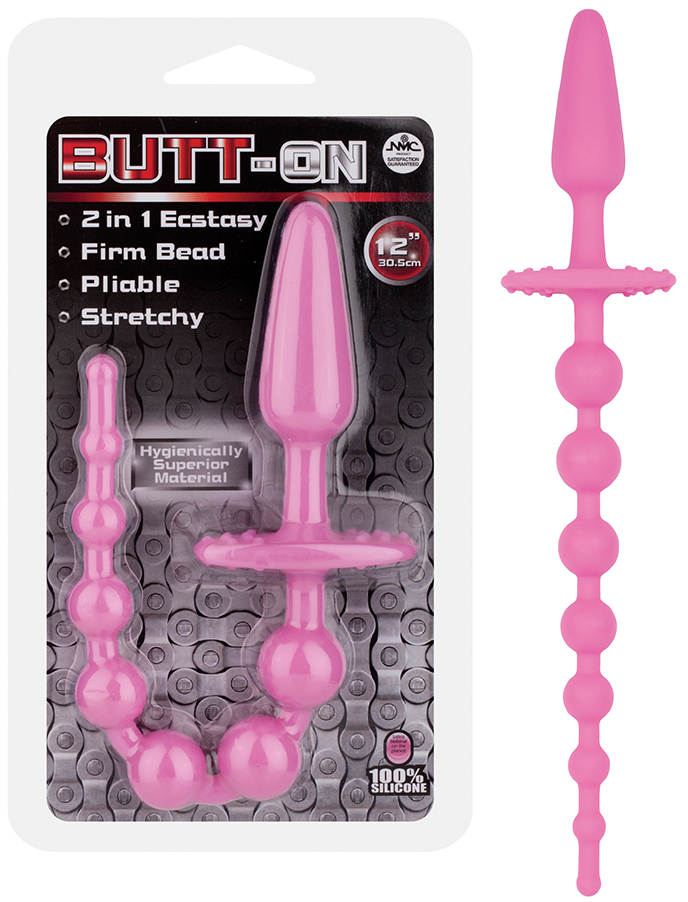 巴特後庭塞+後庭拉珠(粉紅) Butt On 12 Inch Silicone Butt Plug In Pink