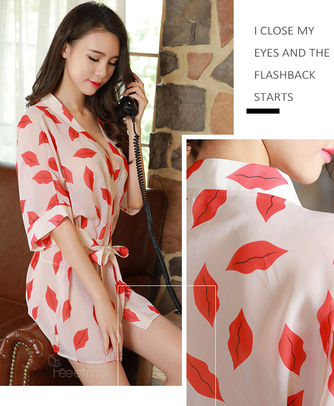 Sexy Lips Kimono Style Nightgown White 野媚紅唇-和服式睡袍(白)