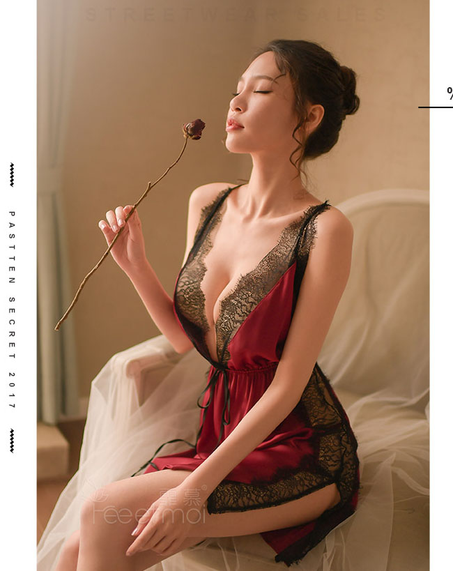 蕾絲心柔-吊帶性感睡裙(紅) FX7785