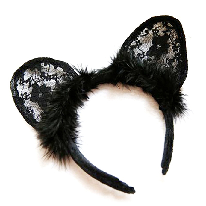 Cat Ears 貓耳朵蕾絲羽毛頭箍 MM12 (黑)