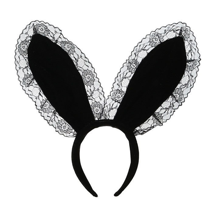 Rabbit Ears 蕾絲邊兔耳朵尼龍頭箍 TT23 (黑色)