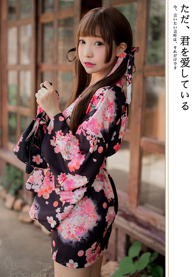 櫻花之戀-羽織印花和服(黑) FX7063