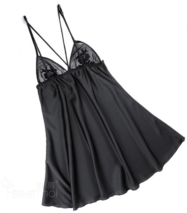 魅力仿絲-性感吊帶睡裙(黑) FX7777