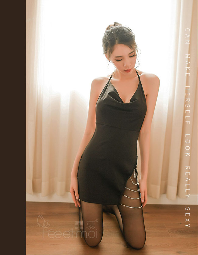 時尚閃鑽露背裙(黑) FX7092