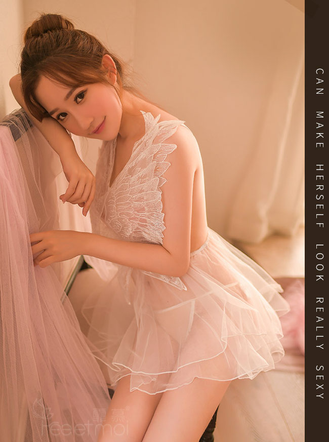 Naked Back Angel 裸背天使-性感網紗睡裙(白) FX7802