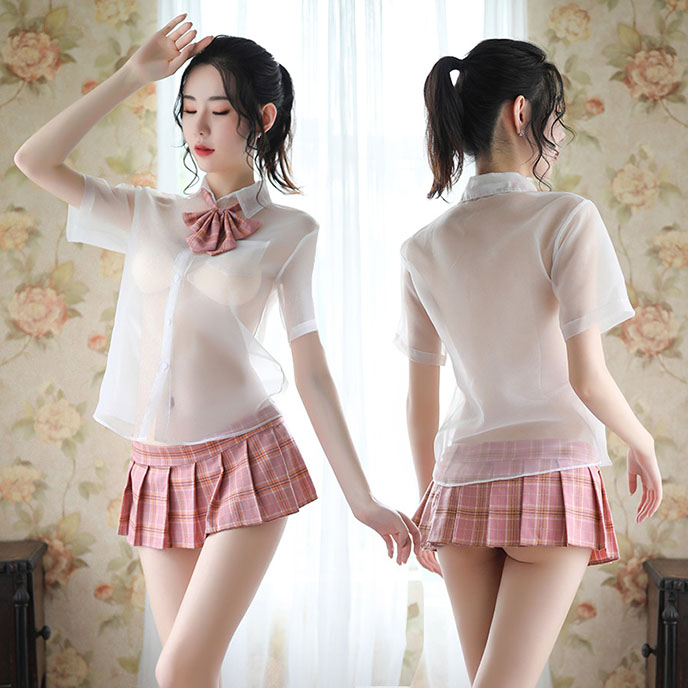 透視襯衫-清純百褶裙學生裝(白粉格) FX6903
