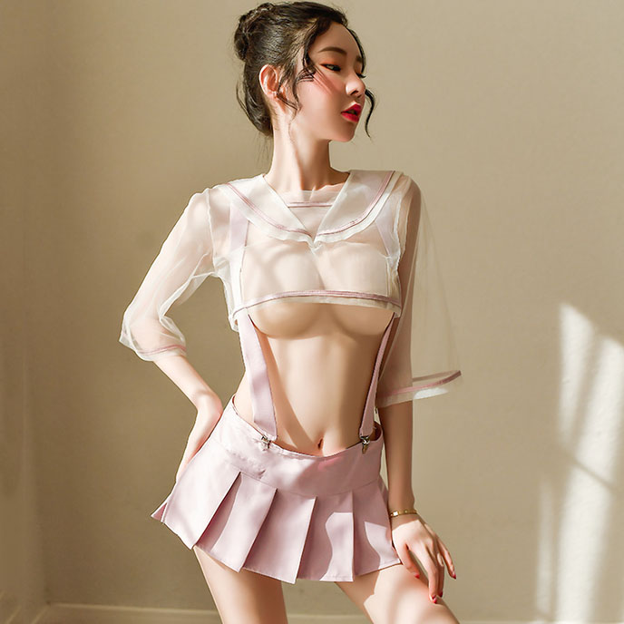 萌兔背帶-透視服學生裝(白粉紅) FX6909