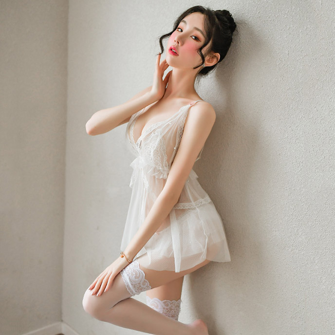 性感開襟-釘珠透紗睡裙(白) FX7762